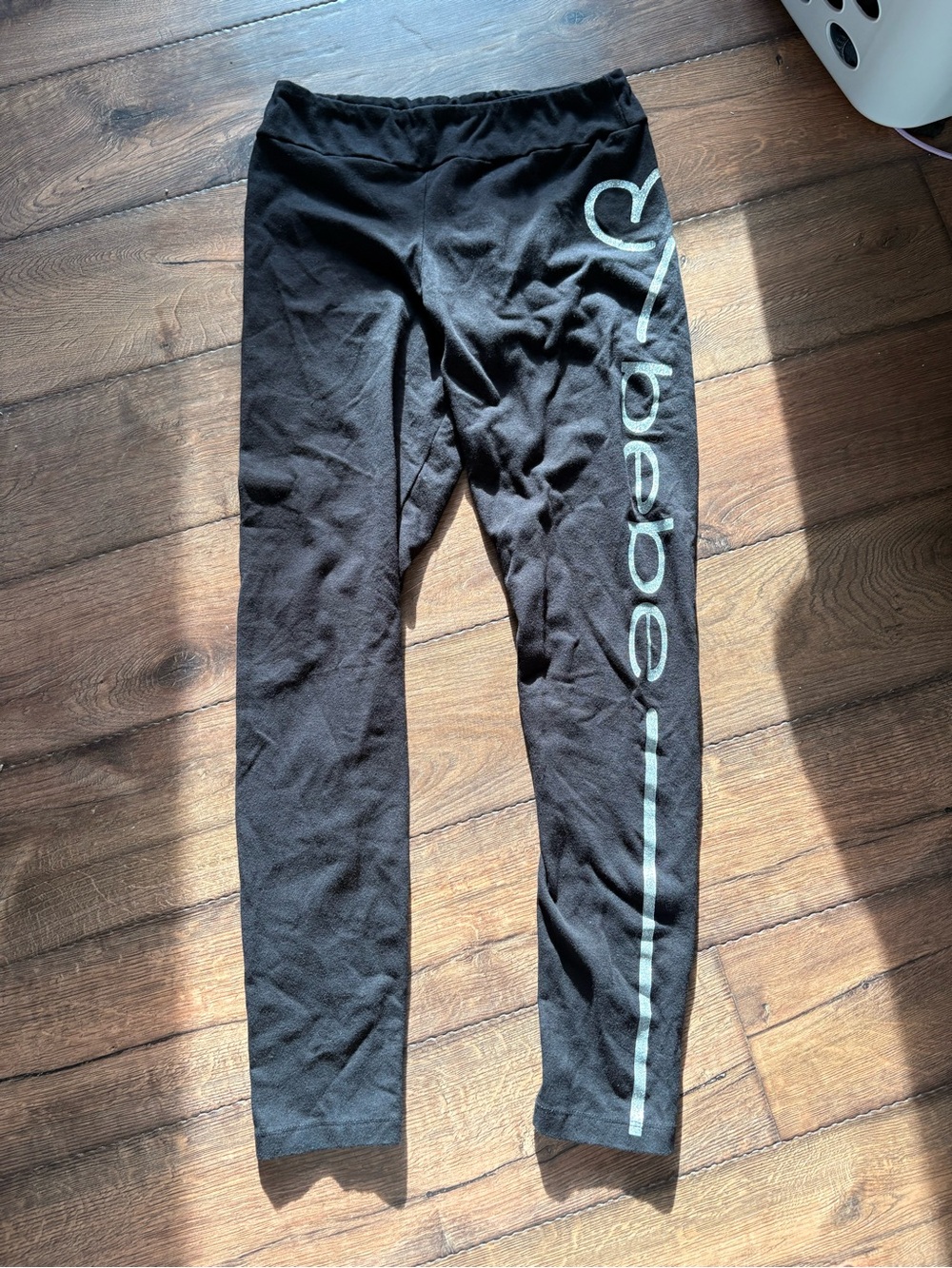 bebe Black Leggings with Silver Side Logo Stripe